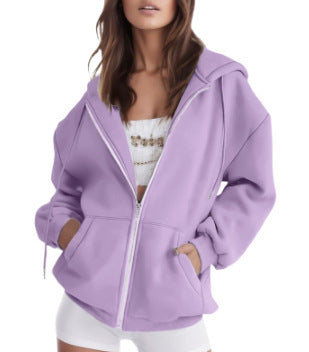 Women's Oversized Zip Hoodie with Contrasting Zipper, Double-layered Hood and Kangaroo Pocket
