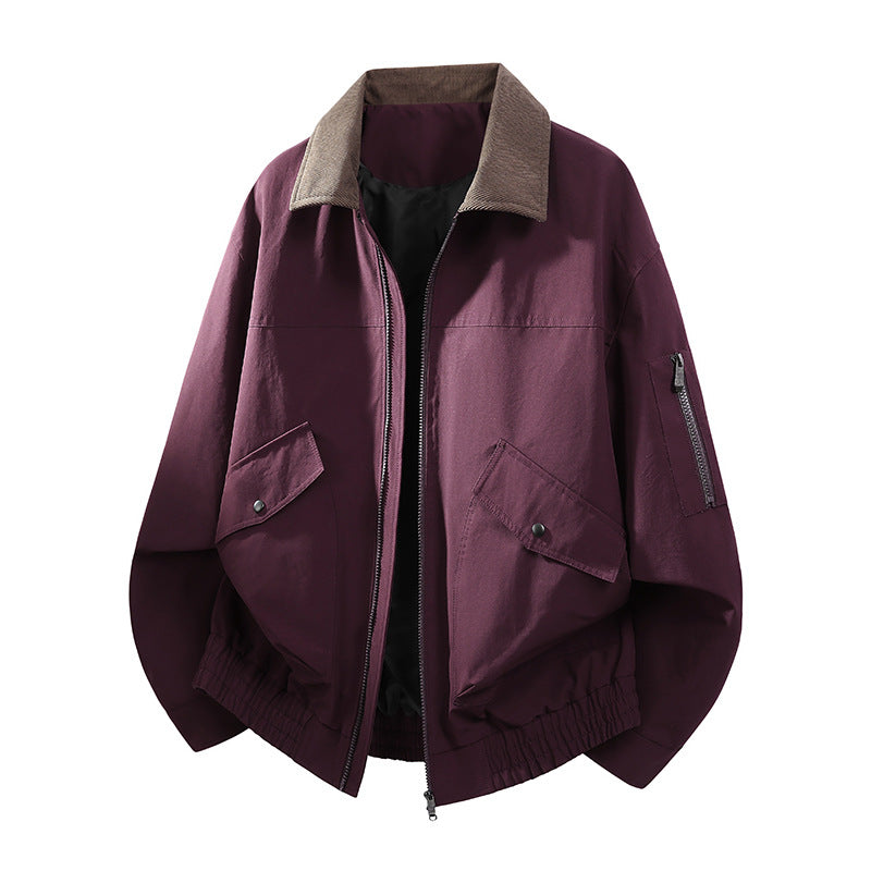 Men's Oversized Bomber Jacket in Worker Style with Cord Collar, Flap Pockets, and Elastic Hem