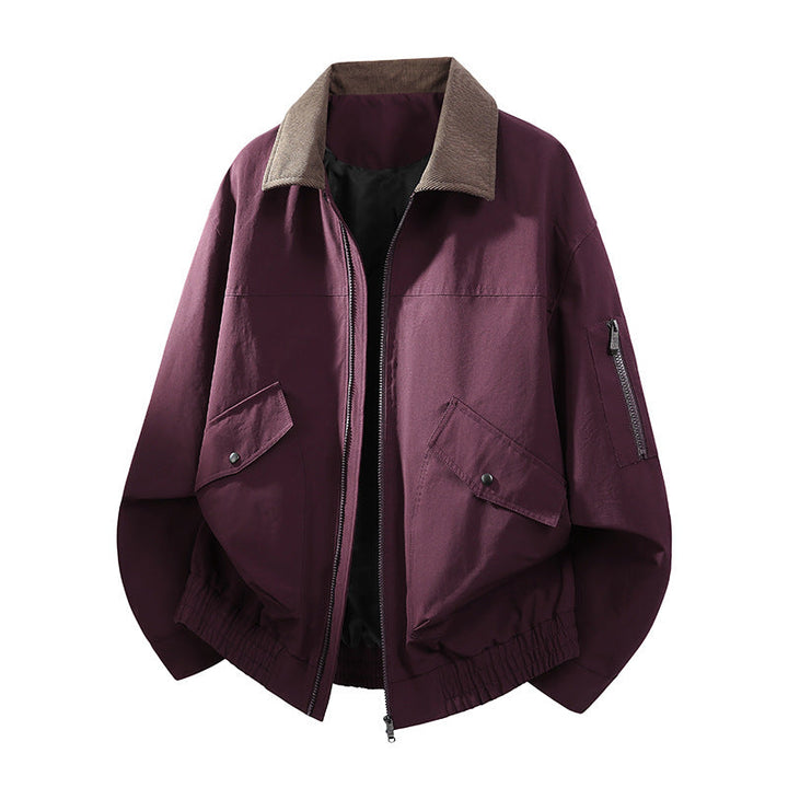 Men's Oversized Bomber Jacket in Worker Style with Cord Collar, Flap Pockets, and Elastic Hem