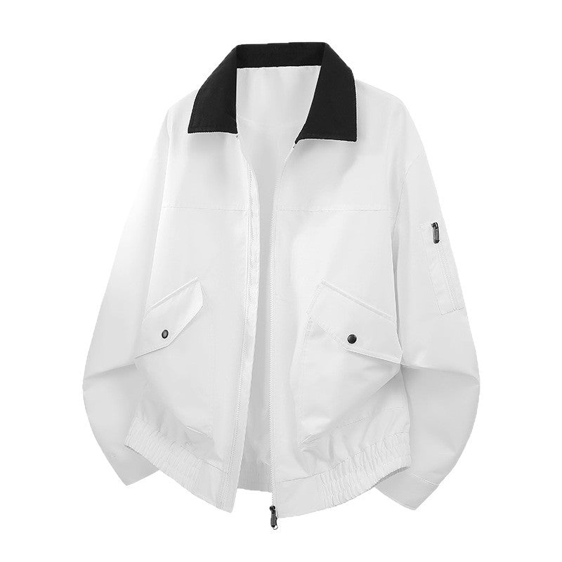 Men's Oversized Bomber Jacket in Worker Style with Cord Collar, Flap Pockets, and Elastic Hem