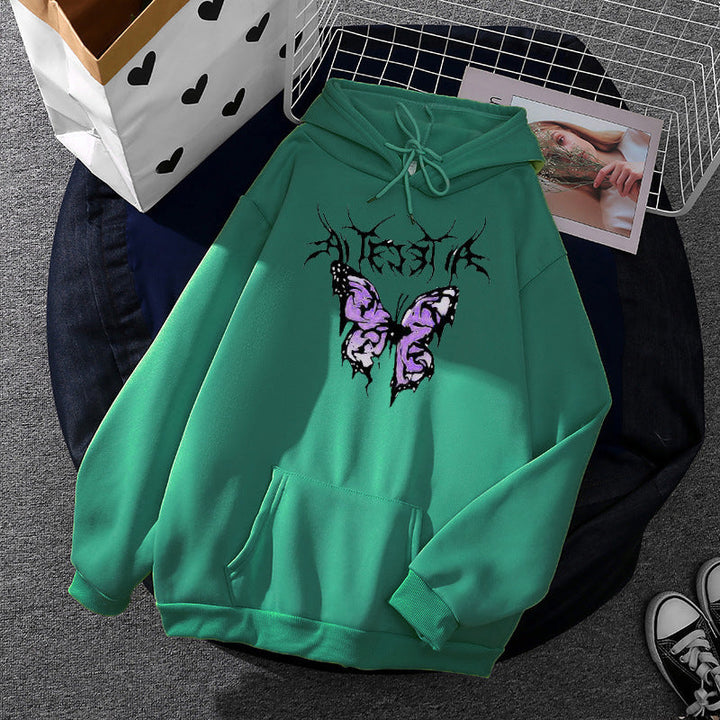 Women Light Oversized Hoodie with Heart EKG Motif, Long Cords and Elastic Cuff