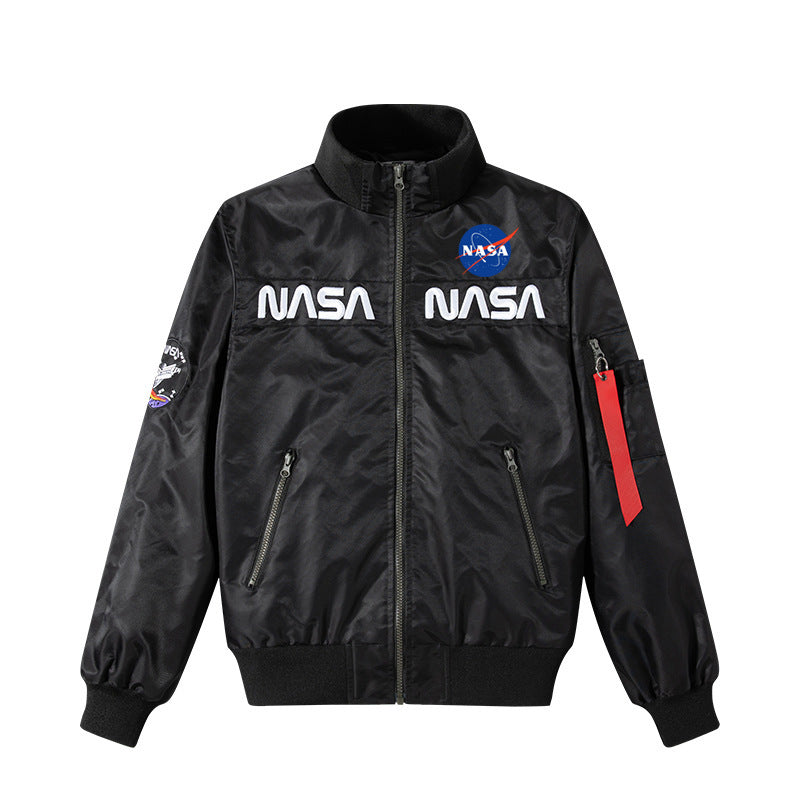 Men's Retro Space-logo Nylon Zip Bomber with Angled Zip Pockets and Utility Sleeve Tab
