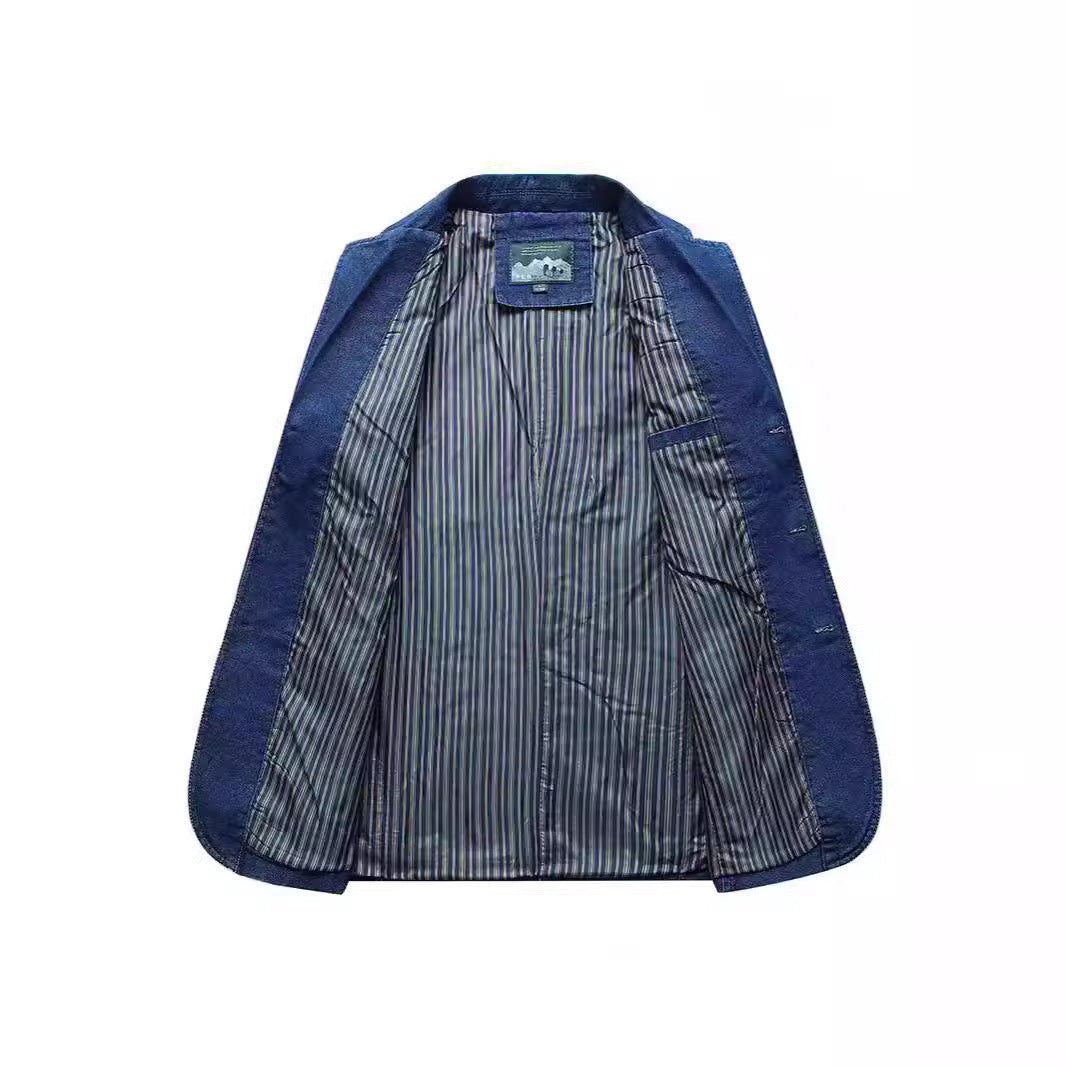 Men's Denim Blazer in a Loose Fit with Lapel Collar and Patch Pockets