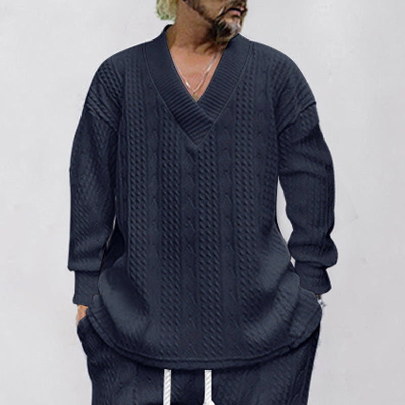 Men's Oversize Cable Knit Long Sweater with Deep V-Neck and Matching Knit Pants