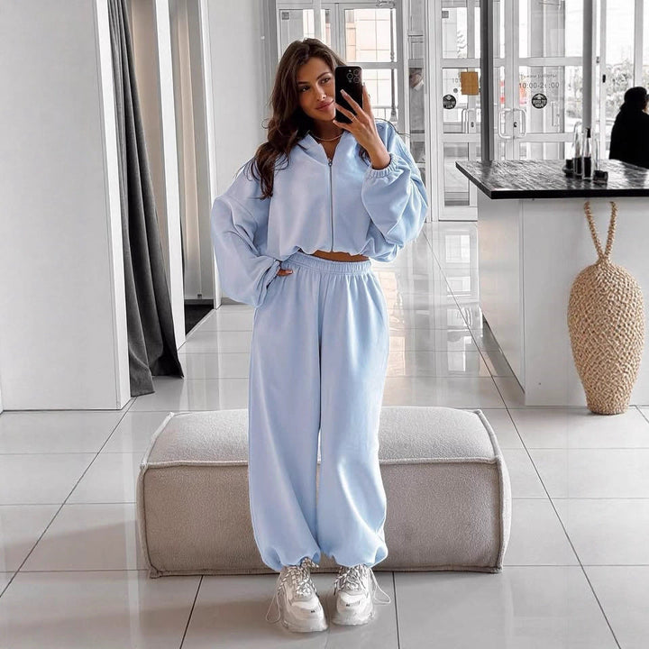 Women Oversized Hoodie Jacket with Full Zip and High Waist Elastic Waistband Jogging Pants Set