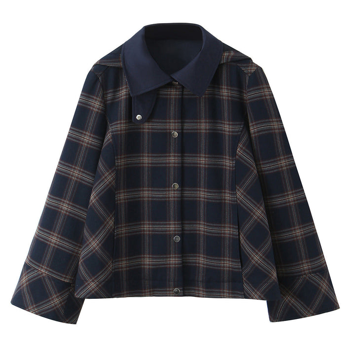 Women's Short Jacket in Boxy Cut with Large Shirt Collar and Plaid Pattern