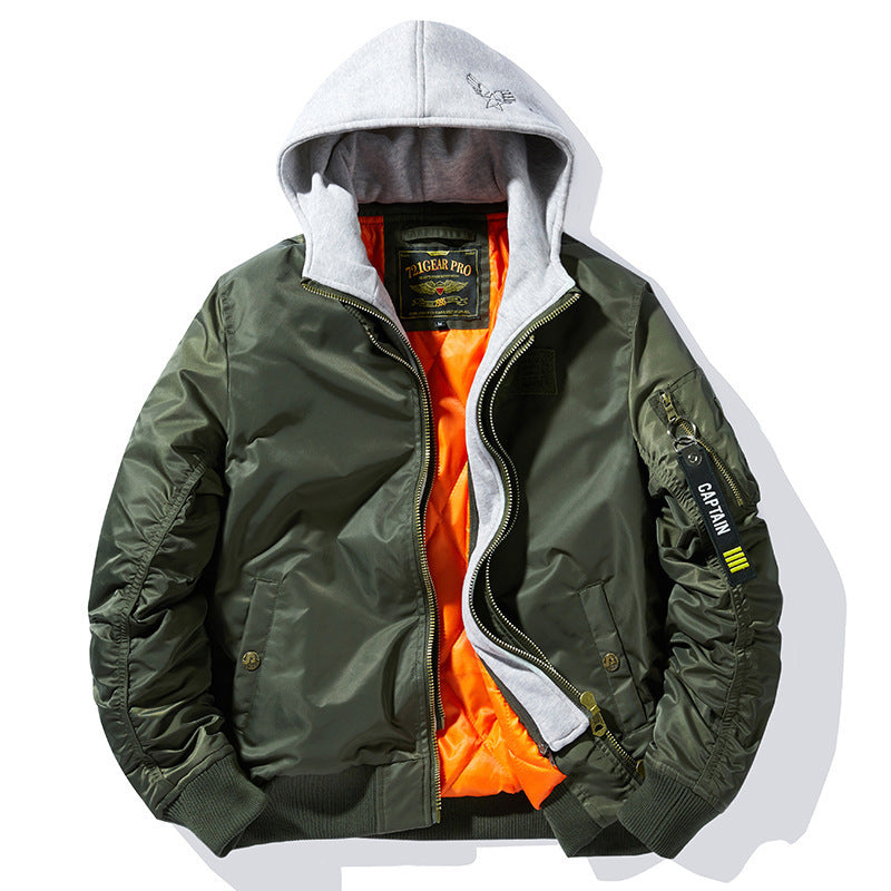 Men's Aviation-inspired Bomber Jacket with Integrated Hood Insert, Arm Pocket, and Padded Lining