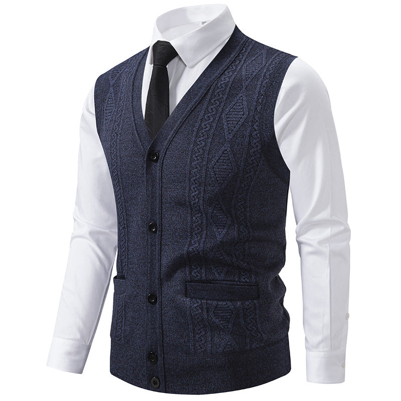 Men's V-neck Knitted Vest with Cable Pattern, Continuous Button Placket and Patch Pockets