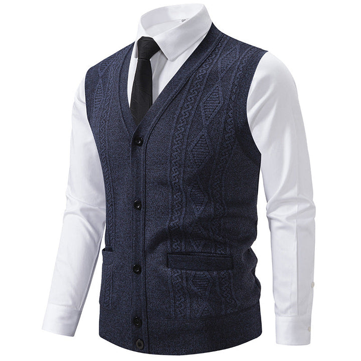 Men's V-neck Knitted Vest with Cable Pattern, Continuous Button Placket and Patch Pockets