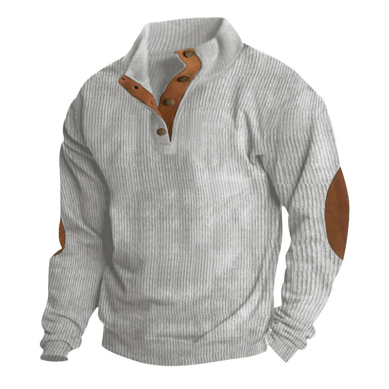 Men's Ribbed Henley Sweater with Stand Collar, Button Placket & Leather Elbow Patches