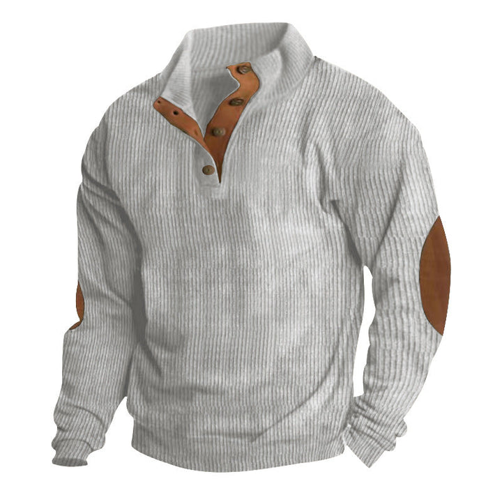 Men's Ribbed Henley Sweater with Stand Collar, Button Placket & Leather Elbow Patches