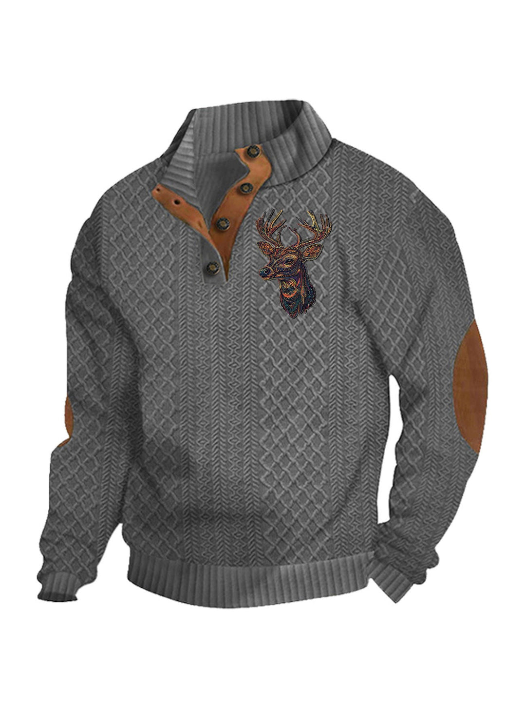 Men's Heritage Textured Pullover with Stand-up Collar Faux Leather Trim Elbow Patches and Half-button Placket