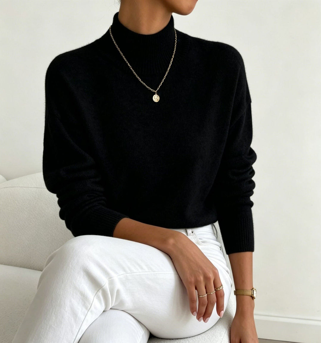 Women's Cozy Fine-knit Pullover with Stand-up Collar and Drop Shoulder