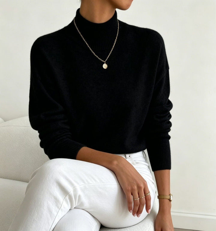Women's Cozy Fine-knit Pullover with Stand-up Collar and Drop Shoulder