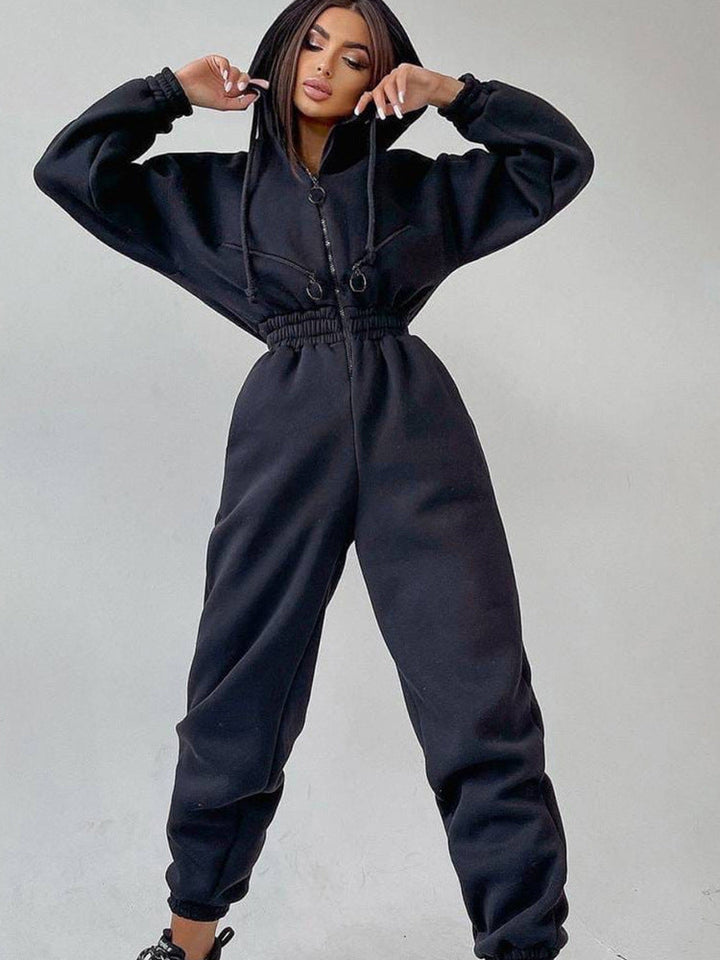 Women's Tailored Hooded Sweat Jumpsuit with Zipper and Elastic Waistband