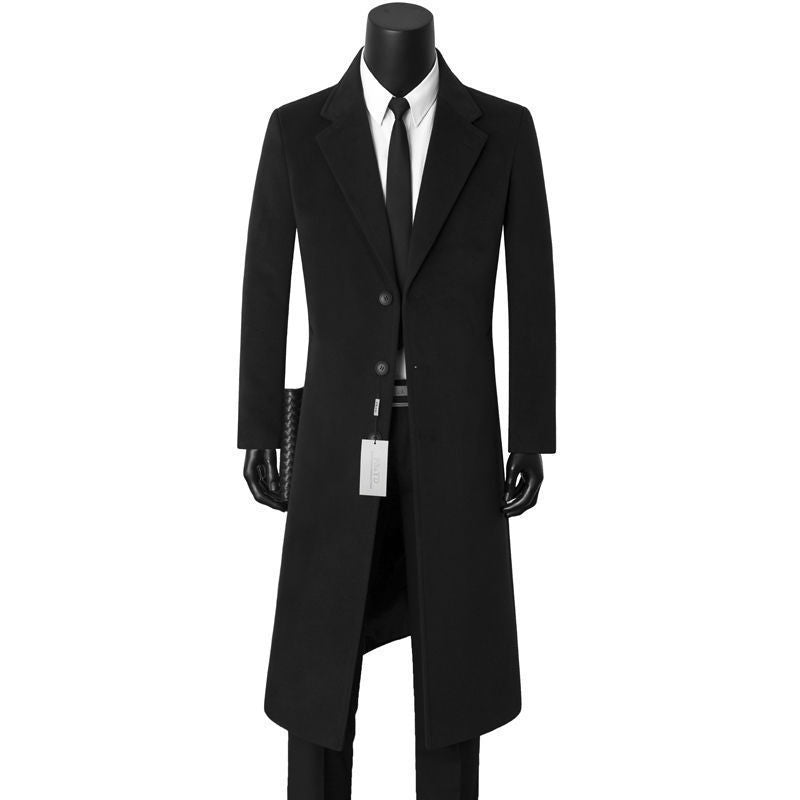 Men's Single-breasted Long Coat with Narrow Silhouette, Notched Lapel and Knee-length Cut