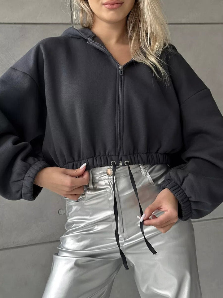 Women's Short Hooded Jacket with Drawstring Waistband, Balloon Sleeves, and Half-height Zipper