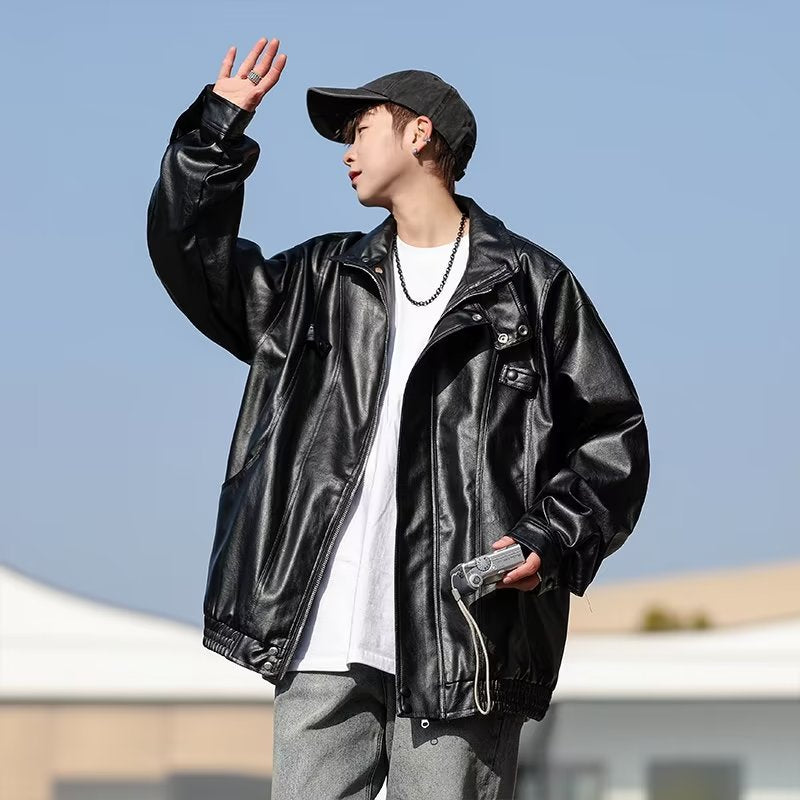 Men's Oversized Faux Leather Bomber Jacket with Stand Collar and Elastic Hem