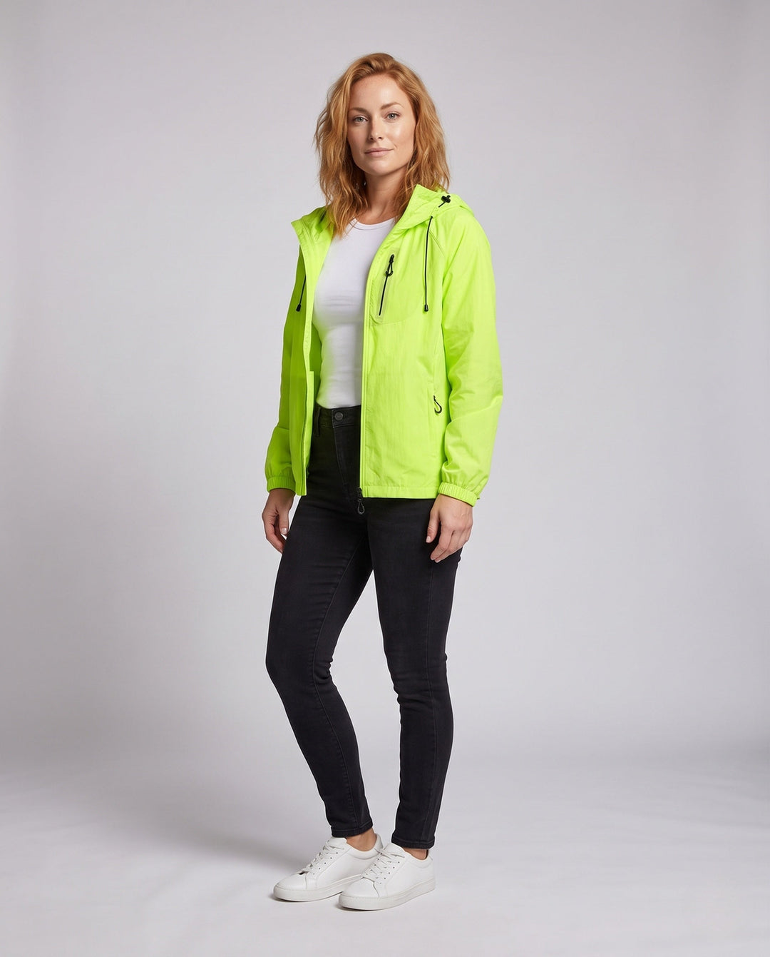 Women's High-performance Windbreaker with Reflective Elements and Adjustable Hood Design