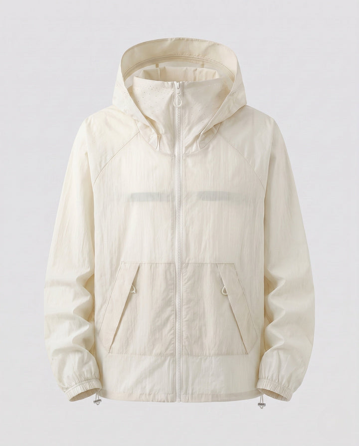 Women's Lightweight Windbreaker Jacket with Adjustable Hood Design and Side Pockets
