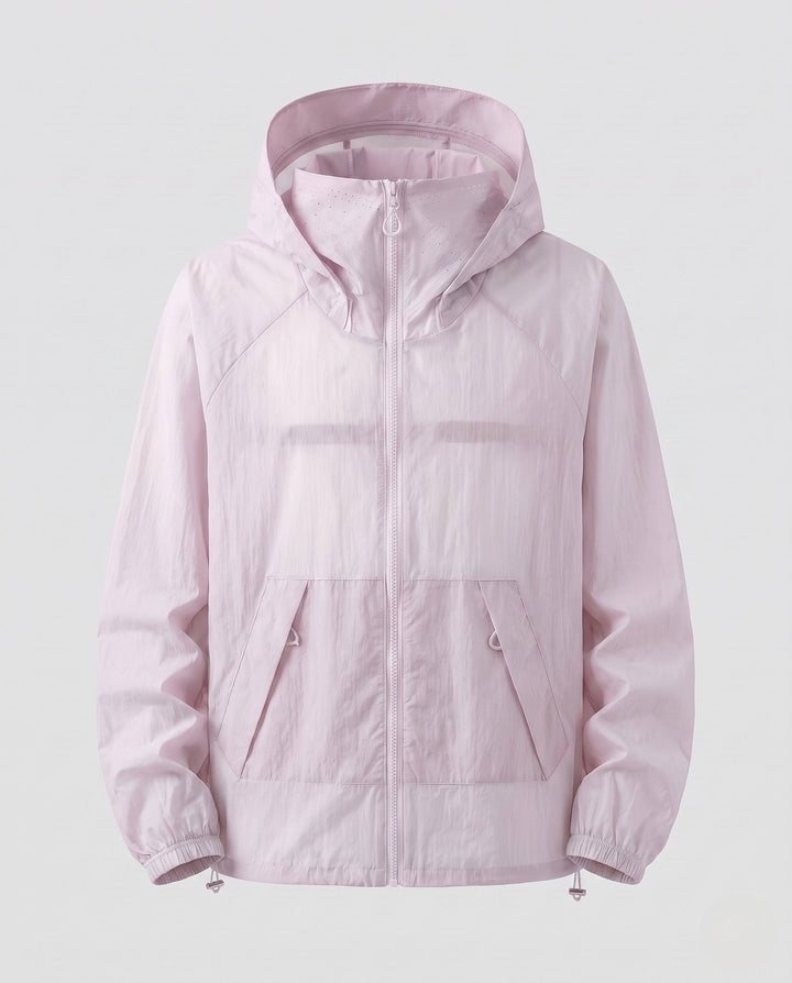 Women's Lightweight Windbreaker Jacket with Adjustable Hood Design and Side Pockets