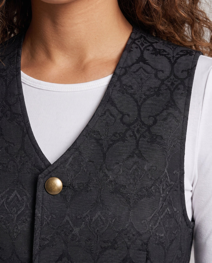 Women's Elegant Vest with Floral Patterns and Ornate Buttons