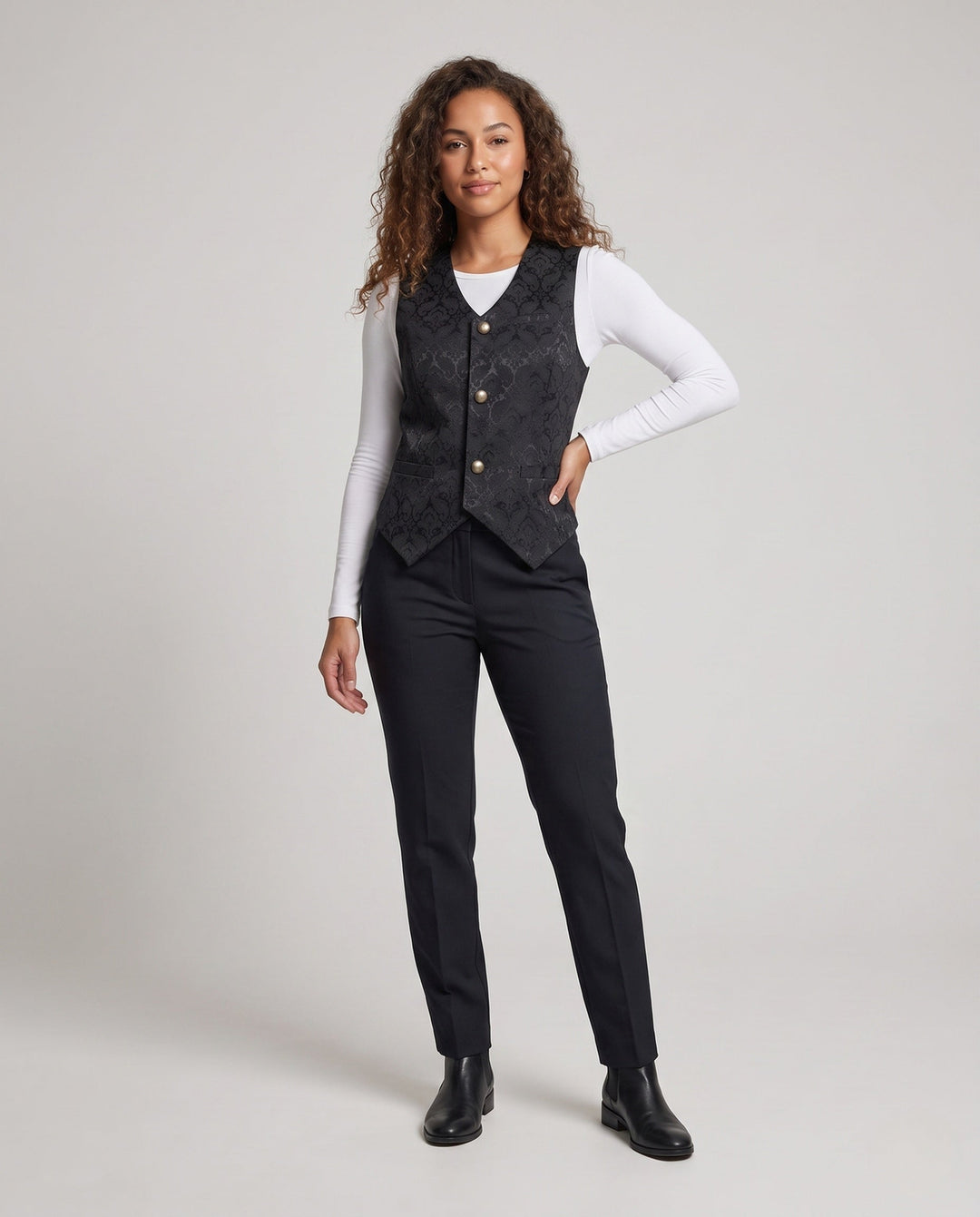 Women's Elegant Vest with Floral Patterns and Ornate Buttons