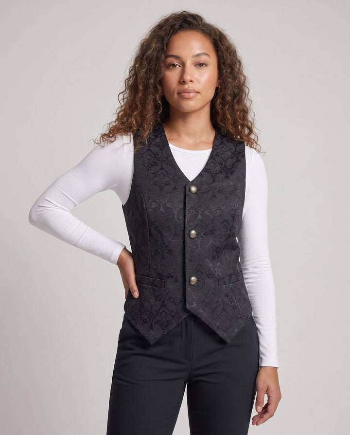 Women's Elegant Vest with Floral Patterns and Ornate Buttons