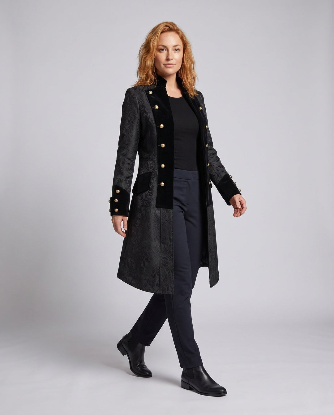 Women's Historical Tailcoat with Elaborate Embellishments and Elegant Button Details