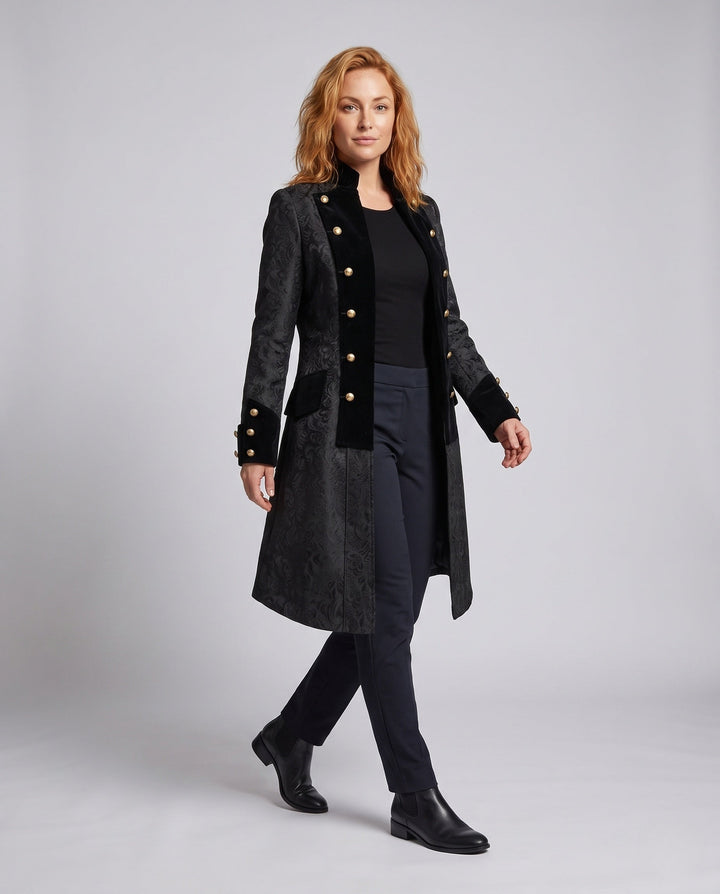 Women's Historical Tailcoat with Elaborate Embellishments and Elegant Button Details