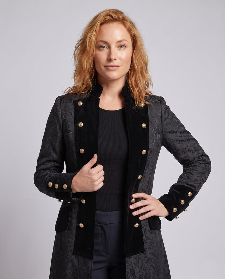 Women's Historical Tailcoat with Elaborate Embellishments and Elegant Button Details