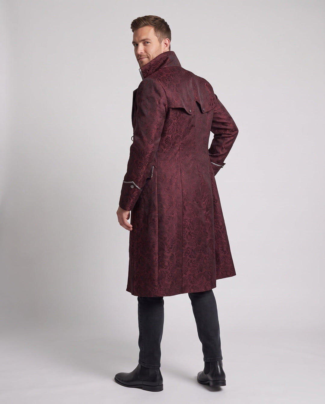 Men's Elegant Gothic Coat with Elaborate Embellishments and High Collar