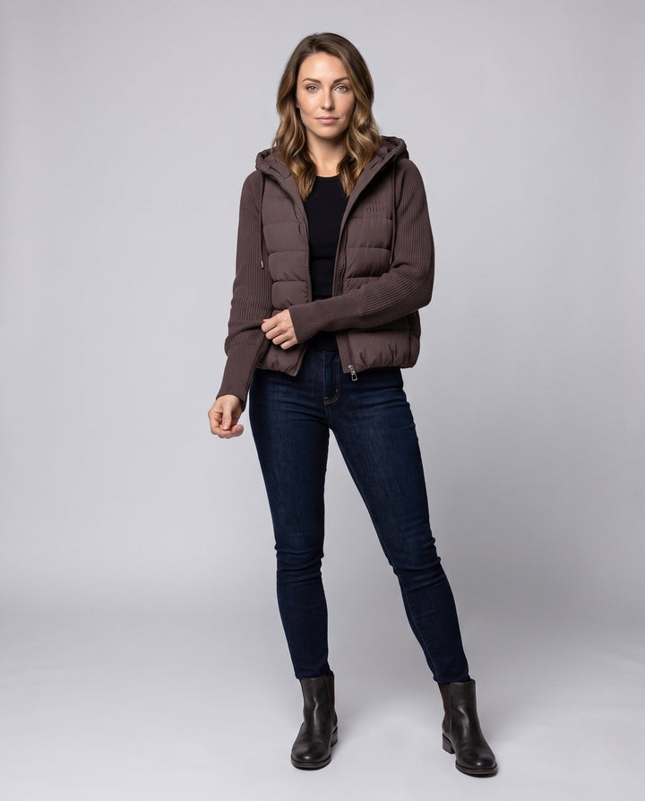 Women's Short-cut Quilted Hybrid Jacket with Knit Sleeves and Hood