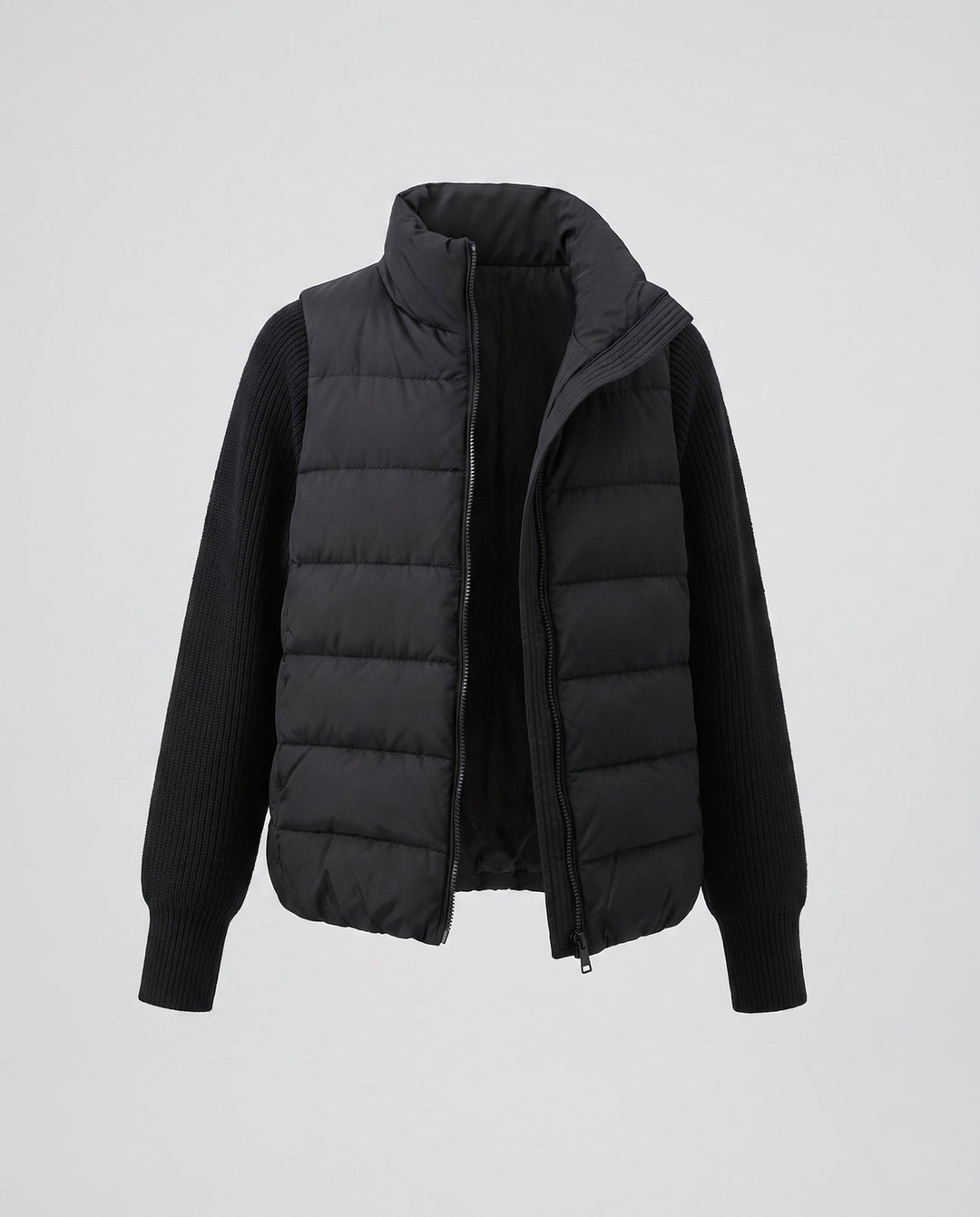 Women's Short-cut Quilted Hybrid Jacket with Knit Sleeves and Hood