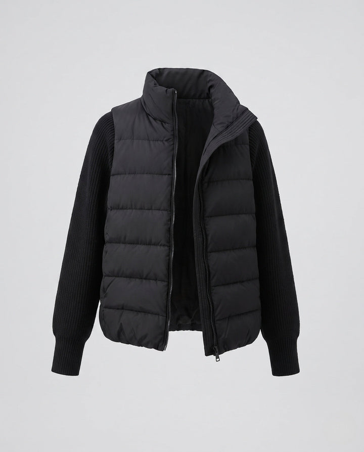 Women's Short-cut Quilted Hybrid Jacket with Knit Sleeves and Hood