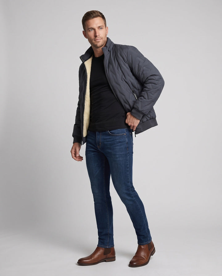 Men's Quilted Winter Blouson with Sherpa Lining, High Standing Collar, and Concealed Zip Pockets