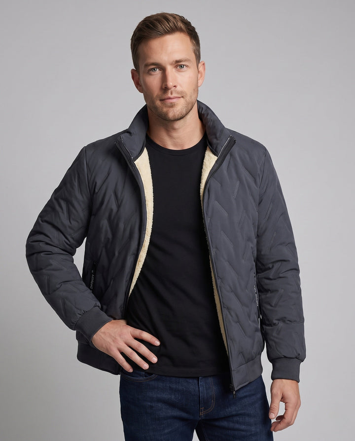 Men's Quilted Winter Blouson with Sherpa Lining, High Standing Collar, and Concealed Zip Pockets