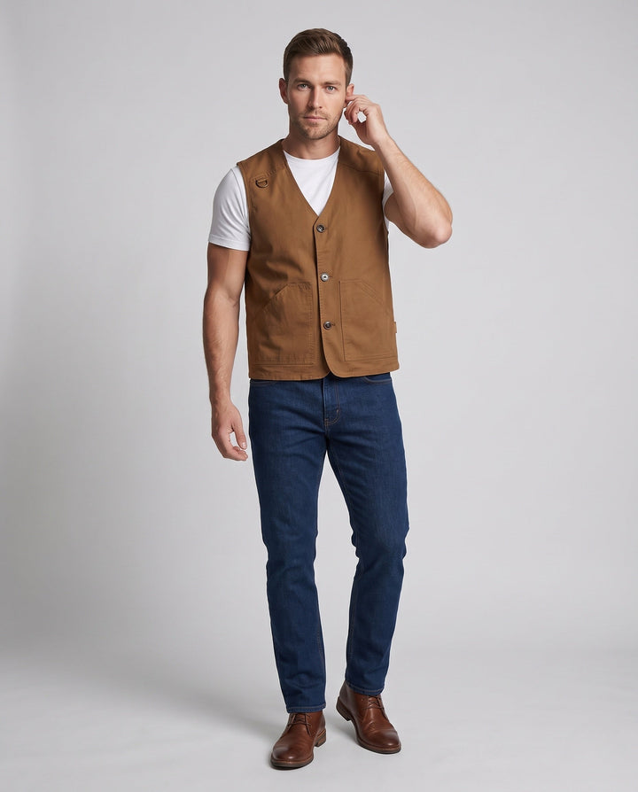 Men's Robust Canvas Utility Vest with Checked Inner Lining and D-Ring
