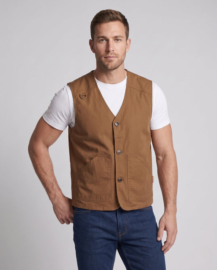 Men's Robust Canvas Utility Vest with Checked Inner Lining and D-Ring