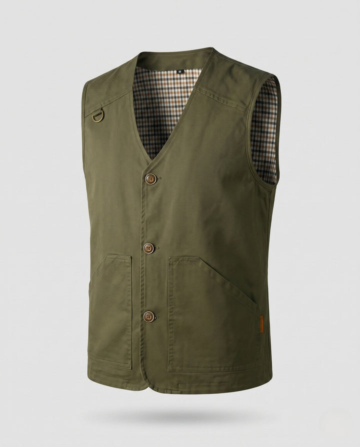 Men's Robust Canvas Utility Vest with Checked Inner Lining and D-Ring