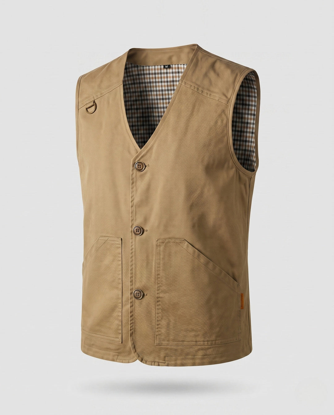 Men's Robust Canvas Utility Vest with Checked Inner Lining and D-Ring