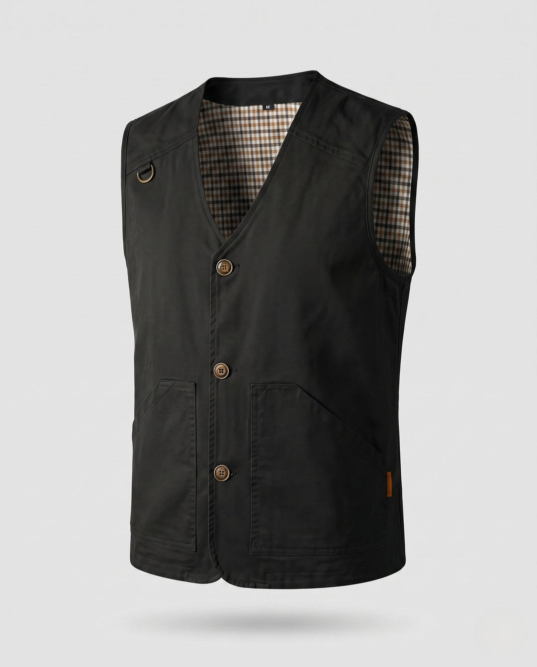 Men's Robust Canvas Utility Vest with Checked Inner Lining and D-Ring