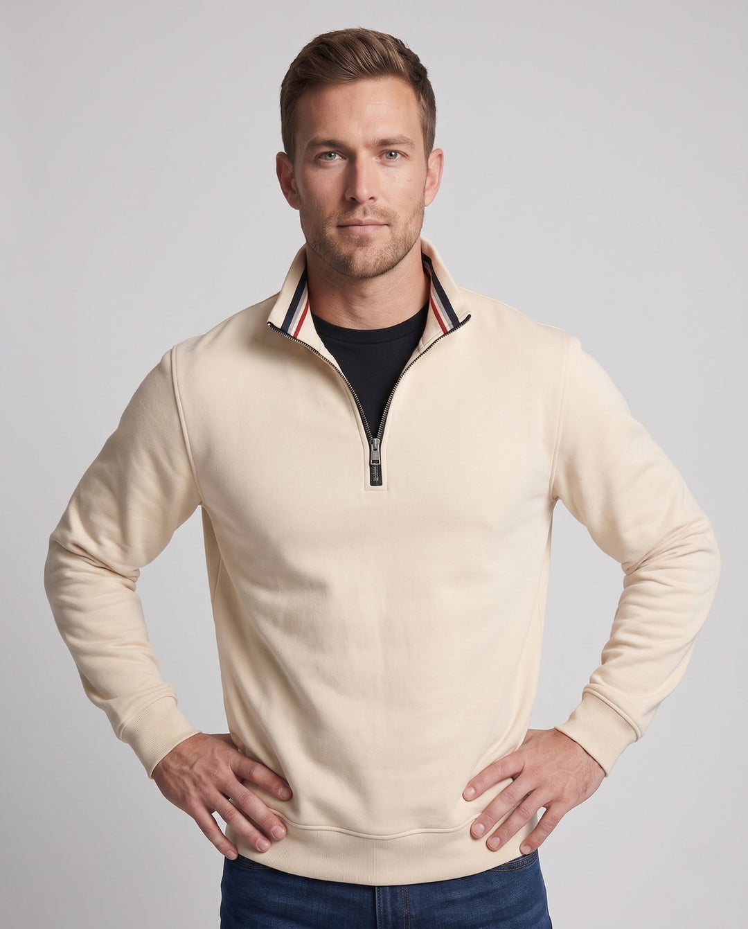 Men's Sporty Sweatshirt with Half Zip, Striped Stand-up Collar, and Ribbed Cuffs