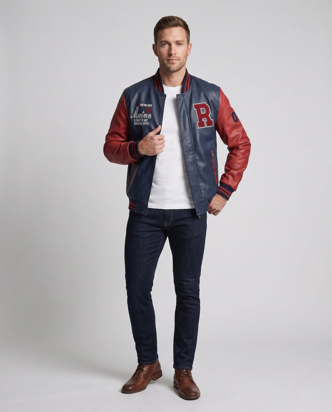 Men's Faux Leather College Bomber Jacket with Embroidered Patch and Ribbed Cuffs