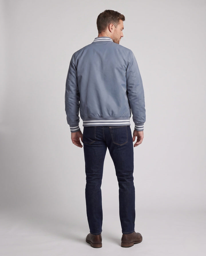 Men's Lightweight Nylon Varsity Bomber Jacket with Striped Ribbed Cuffs