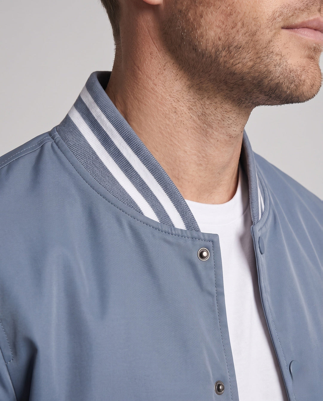 Men's Lightweight Nylon Varsity Bomber Jacket with Striped Ribbed Cuffs