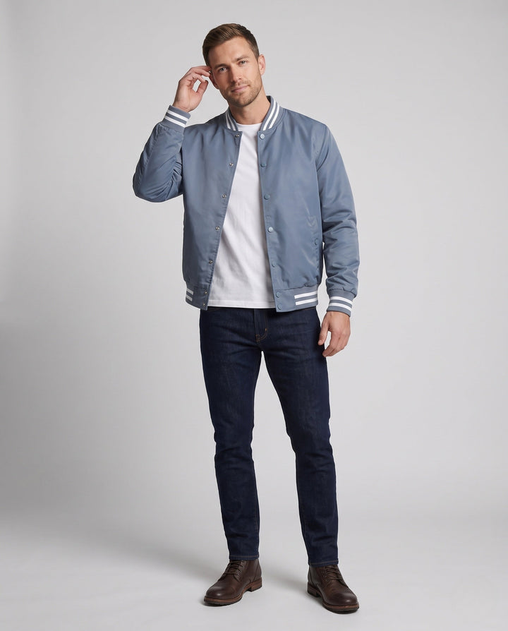 Men's Lightweight Nylon Varsity Bomber Jacket with Striped Ribbed Cuffs