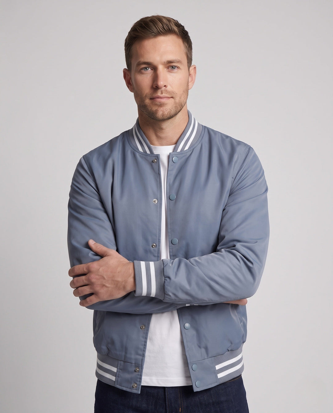 Men's Lightweight Nylon Varsity Bomber Jacket with Striped Ribbed Cuffs