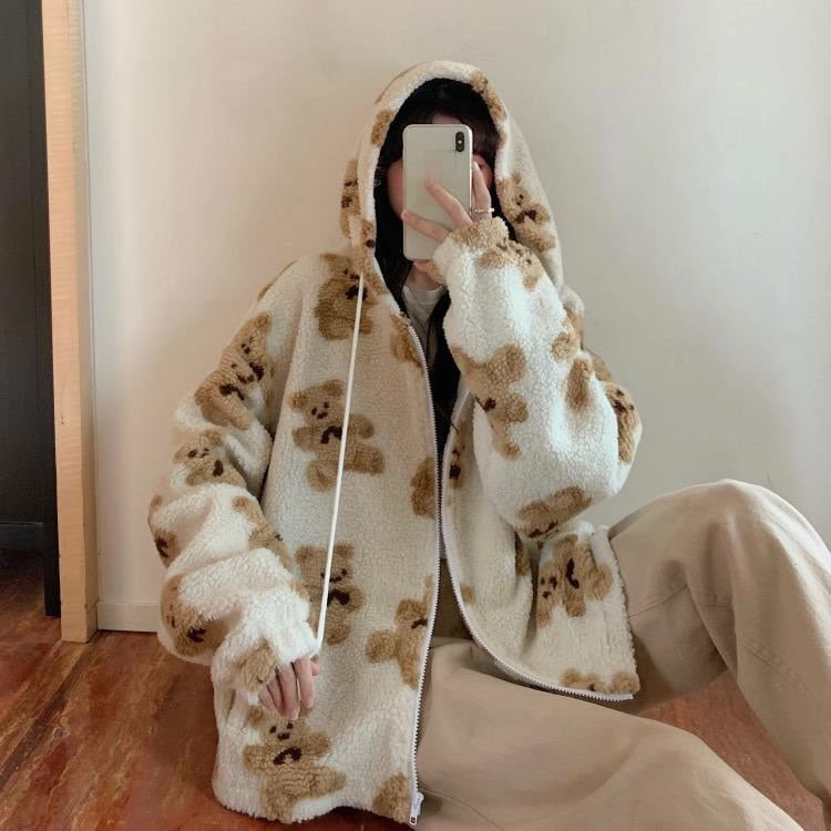 Bear Teddy Print Plush Jacket Fluffy Hood Outerwear