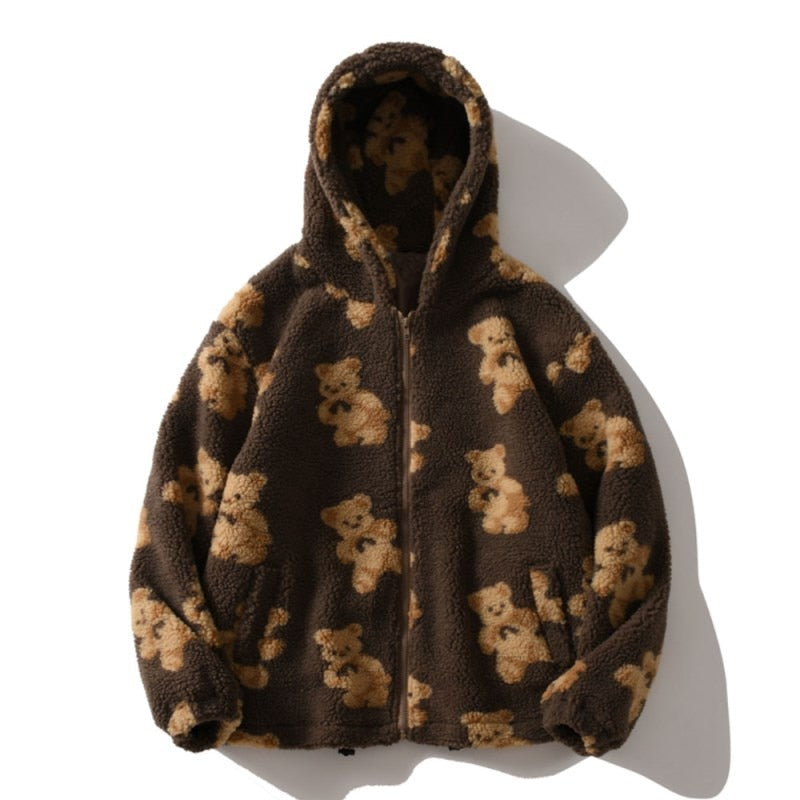 Bear Teddy Print Plush Jacket Fluffy Hood Outerwear